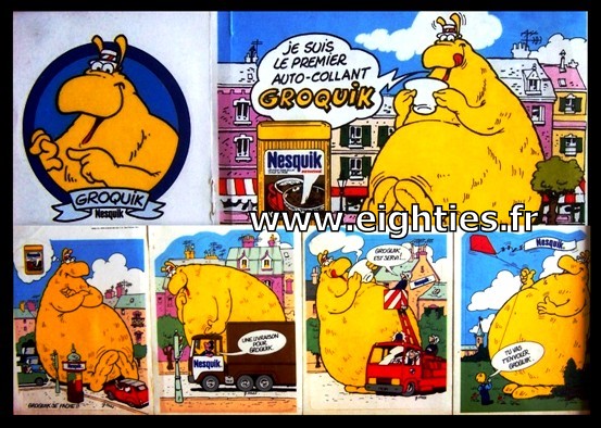 ANNEES, 80, 80's, eighties, Groquik, Groquick, Grosquick, Grosquik, Nesquik, Nesquick, NESTLE, Chocolat, mascotte, EMBLEME, enfance, trentenaires, pubs, PUBLICITE